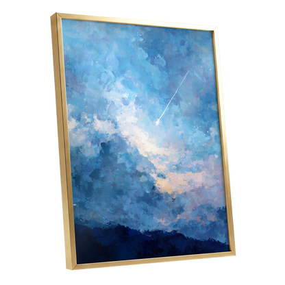 Azure Afterglow, blue, white, beige abstract wall art shown as a gold framed poster wall art print