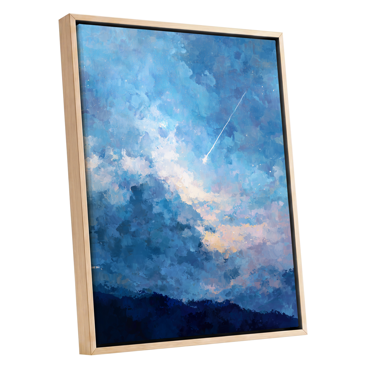 Azure Afterglow, blue, white, beige abstract wall art shown as a oak framed canvas wall art