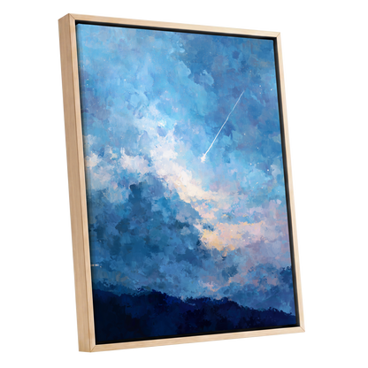 Azure Afterglow, blue, white, beige abstract wall art shown as a oak framed canvas wall art