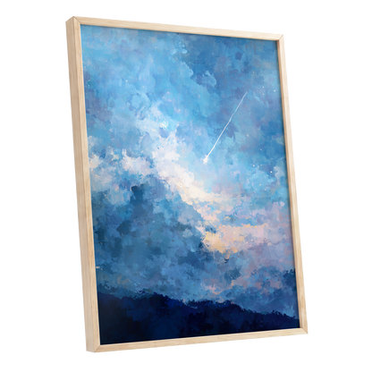 Azure Afterglow, blue, white, beige abstract wall art shown as a oak framed poster wall art print