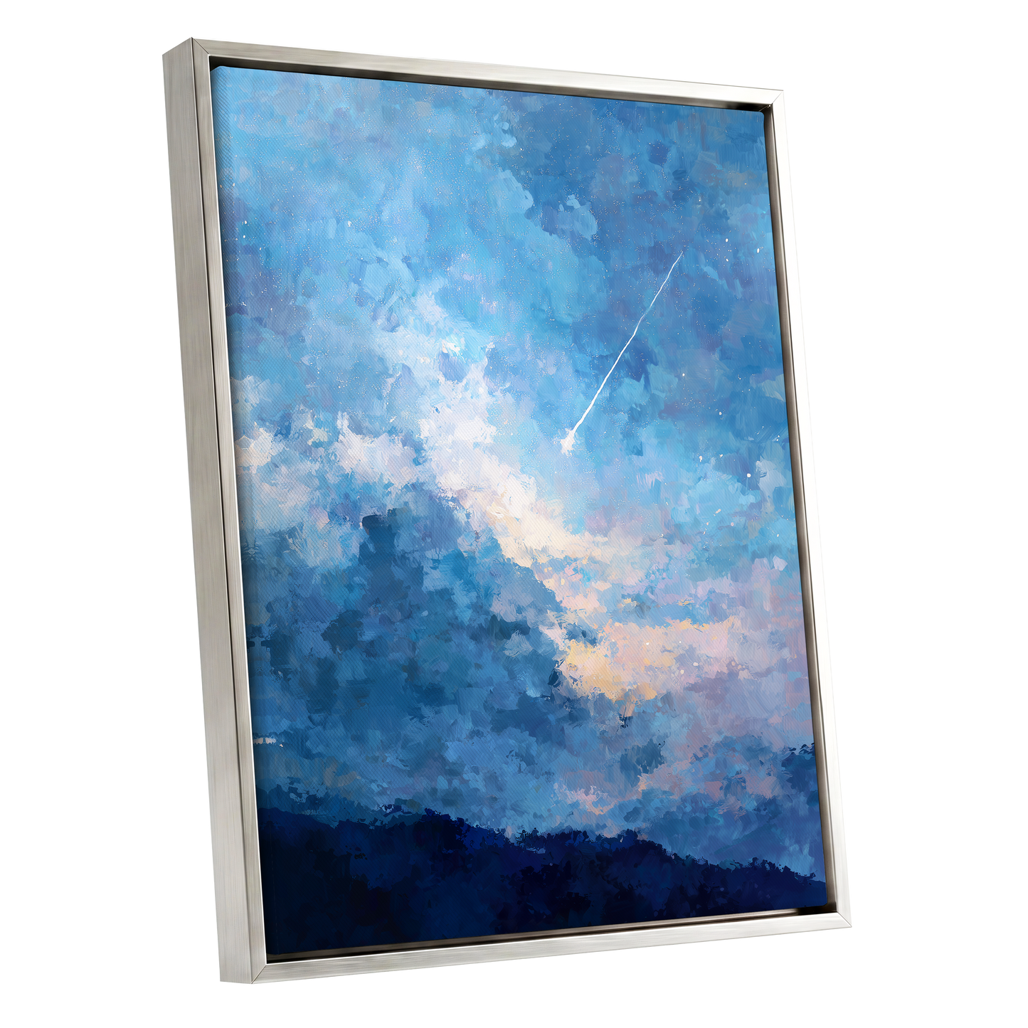 Azure Afterglow, blue, white, beige abstract wall art shown as a silver framed canvas wall art