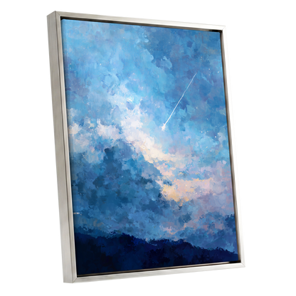 Azure Afterglow, blue, white, beige abstract wall art shown as a silver framed canvas wall art