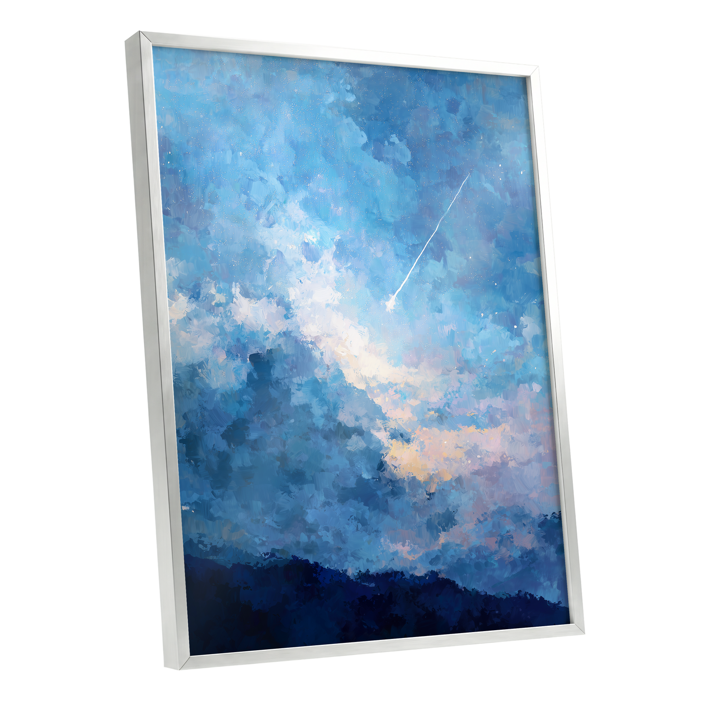 Azure Afterglow, blue, white, beige abstract wall art shown as a silver framed poster wall art print