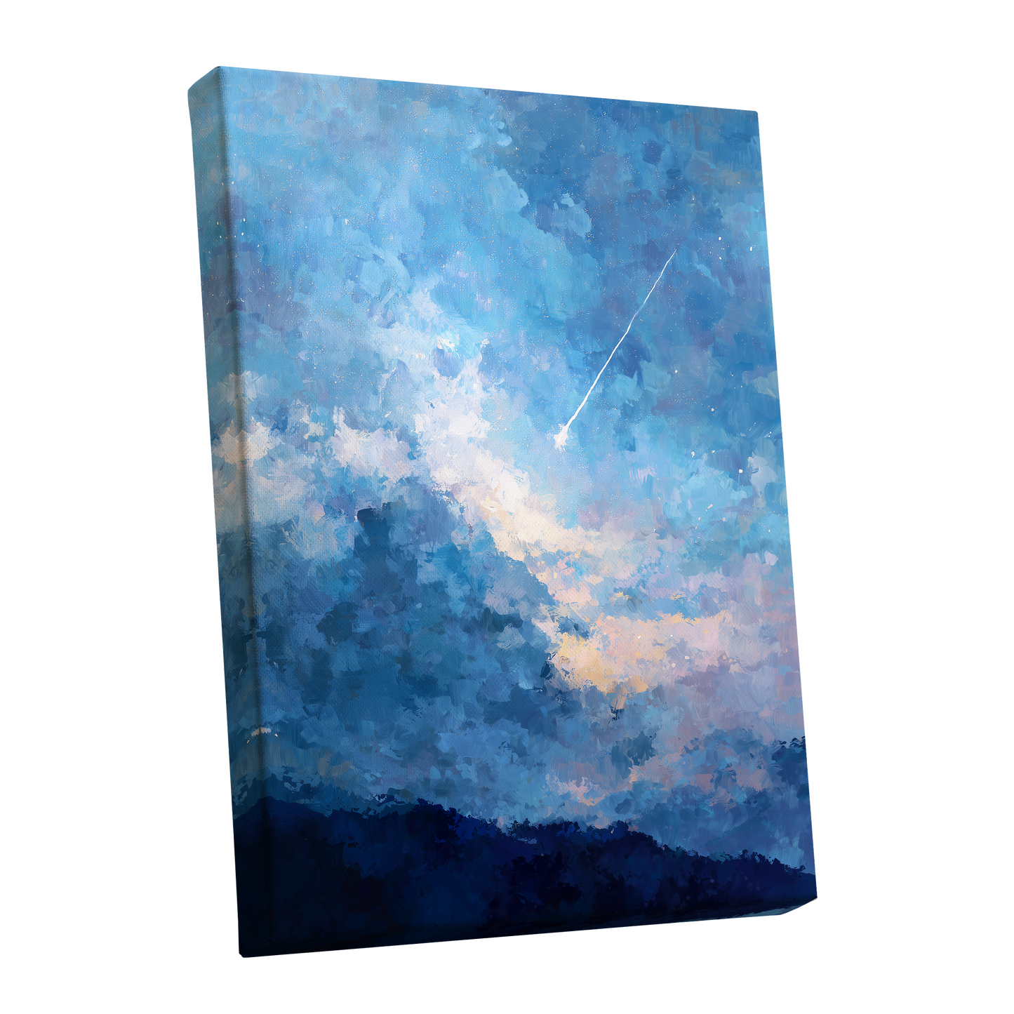 Azure Afterglow, blue, white, beige abstract wall art shown as a stretched canvas wall art