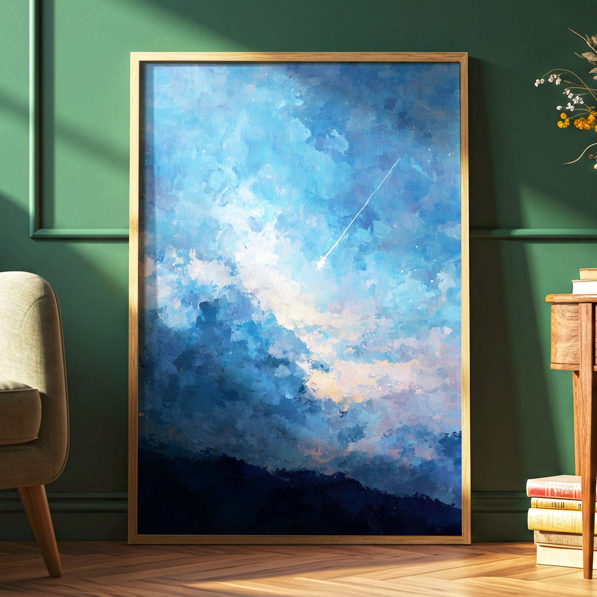 Azure Afterglow, blue, white, beige abstract wall art displayed in a styled interior, gallery view 2
