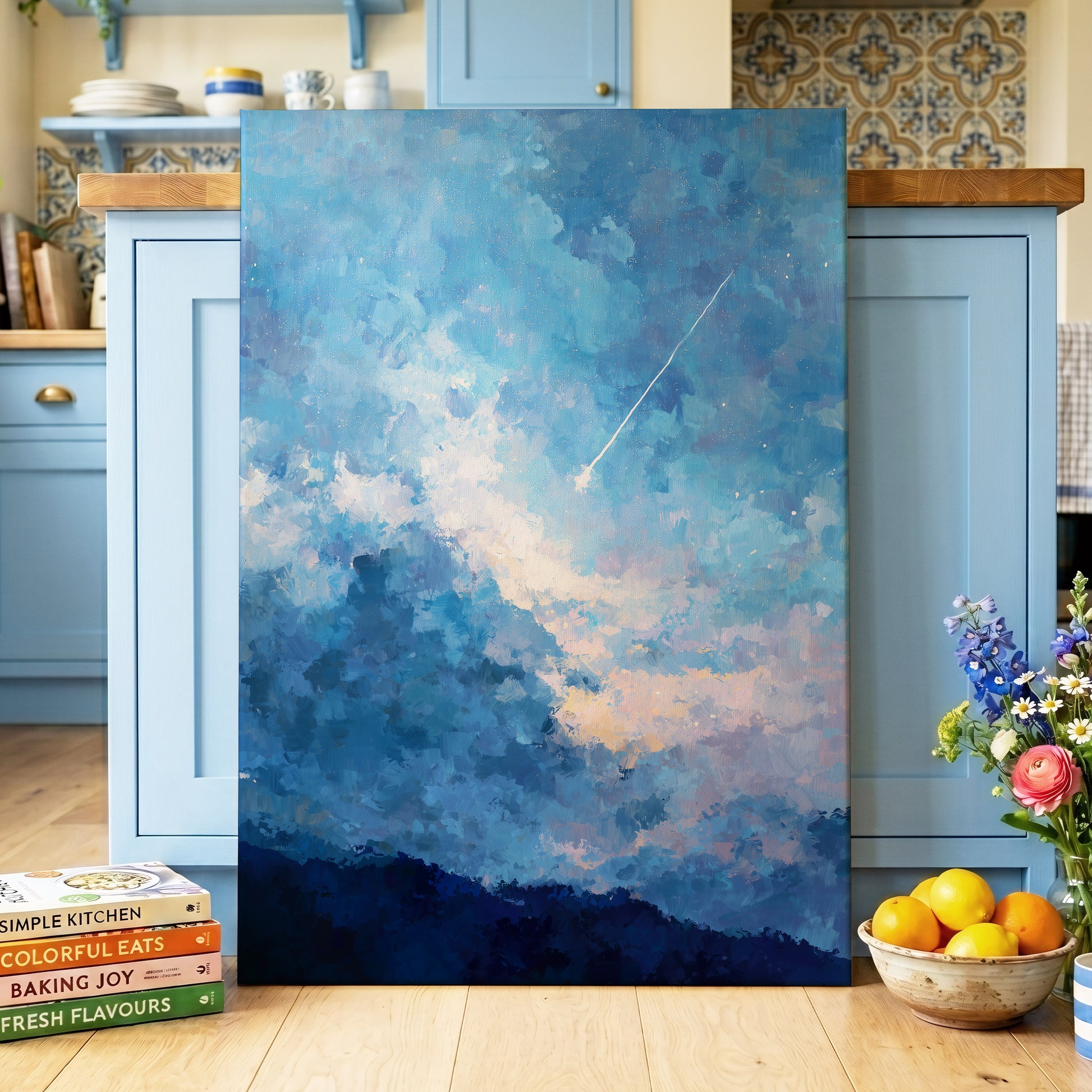 Azure Afterglow, blue, white, beige abstract wall art displayed in a styled interior, gallery view 3