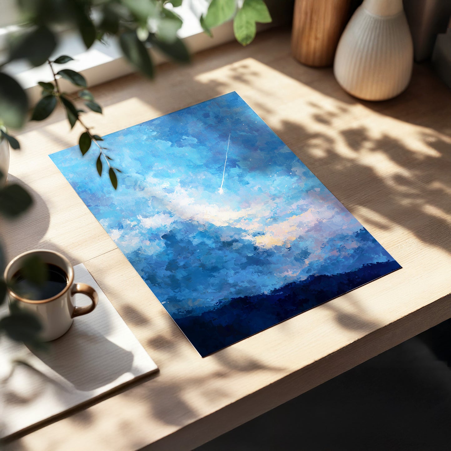 Azure Afterglow, blue, white, beige abstract wall art displayed in a styled interior, gallery view 5
