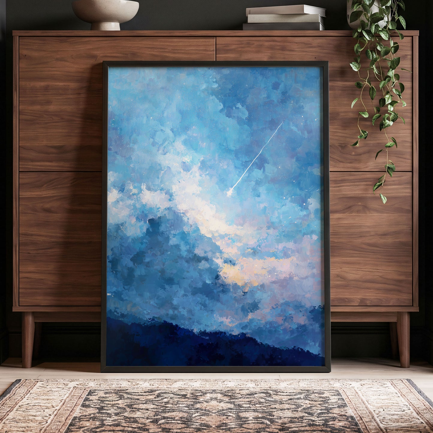 Azure Afterglow, blue, white, beige abstract wall art displayed in a styled interior, gallery view 6