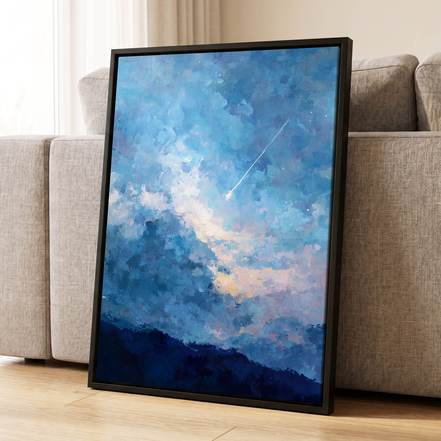 Azure Afterglow, blue, white, beige abstract wall art displayed in a styled interior, gallery view 8