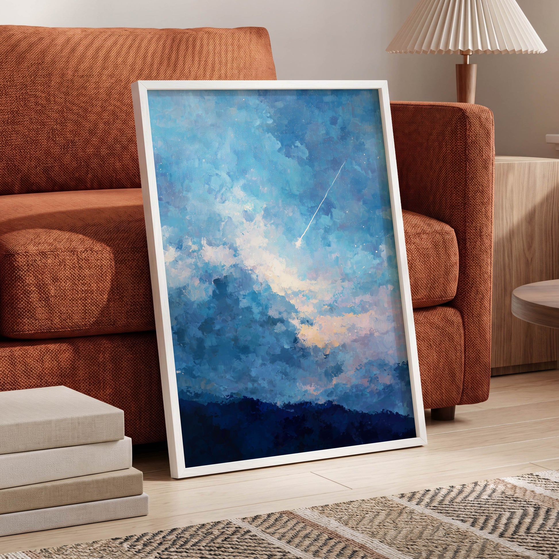 Azure Afterglow, blue, white, beige abstract wall art displayed in a styled interior, gallery view 9