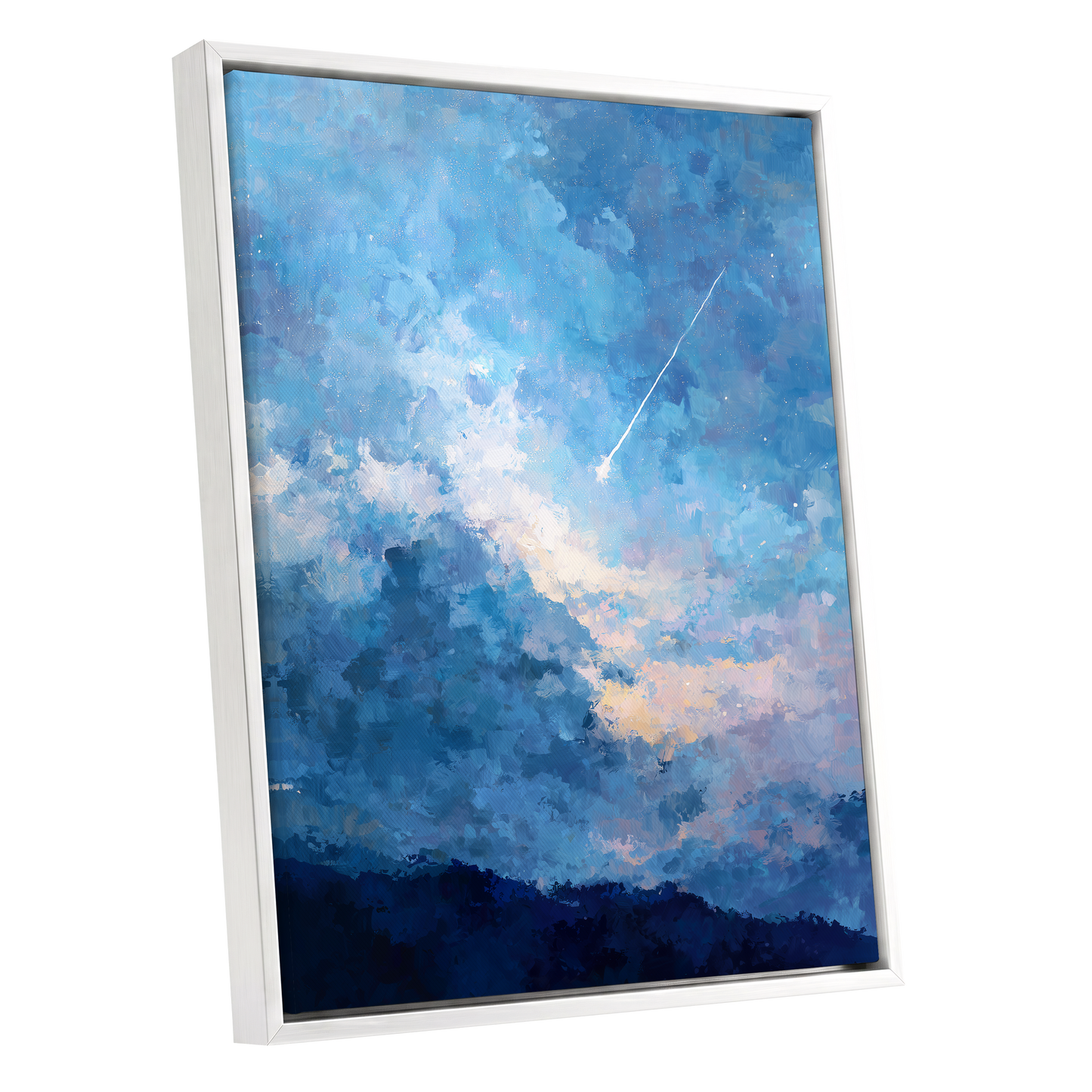 Azure Afterglow, blue, white, beige abstract wall art shown as a white framed canvas wall art