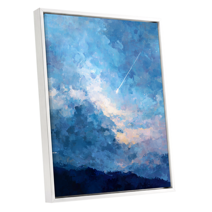 Azure Afterglow, blue, white, beige abstract wall art shown as a white framed canvas wall art