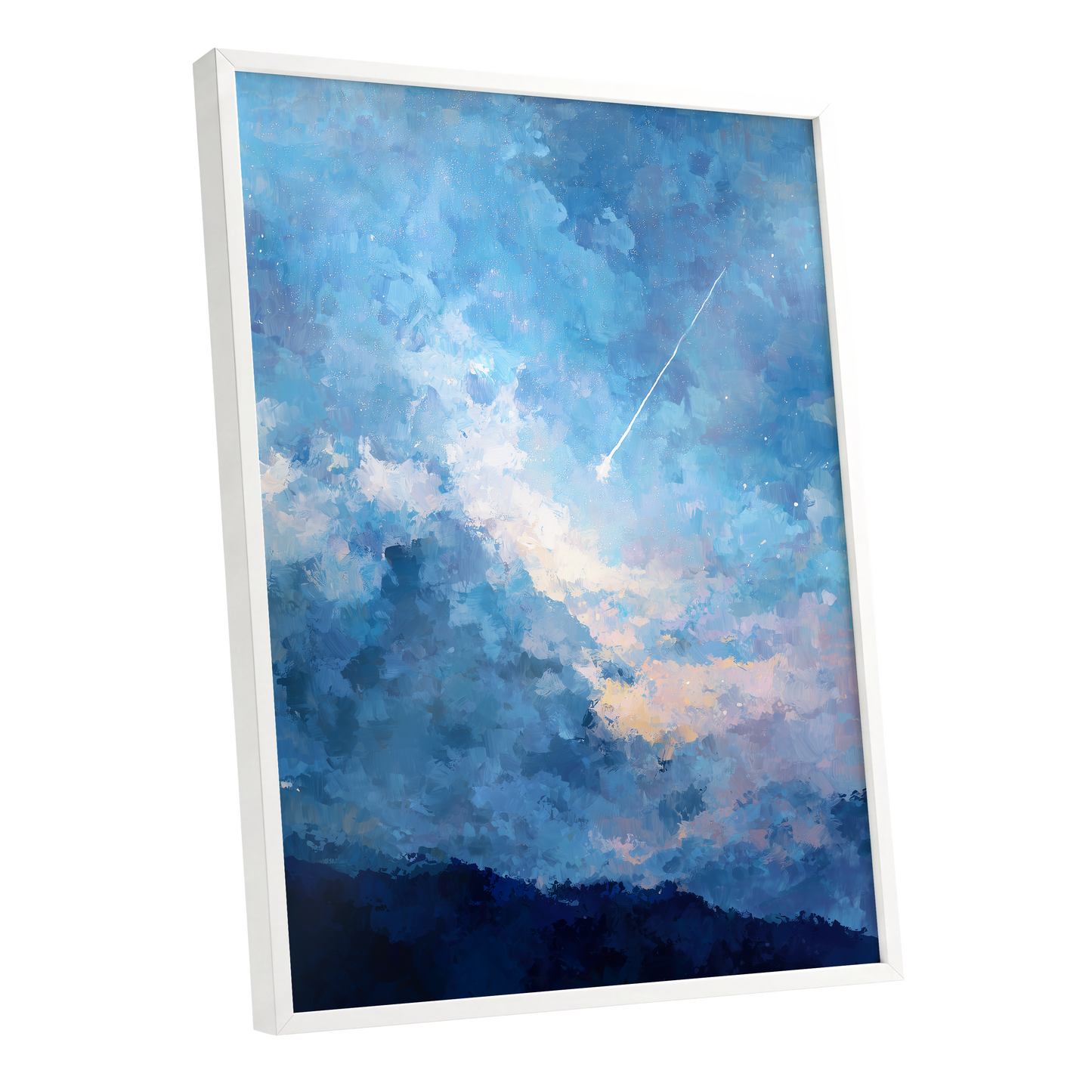 Azure Afterglow, blue, white, beige abstract wall art shown as a white framed poster wall art print