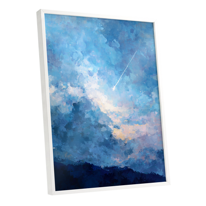 Azure Afterglow, blue, white, beige abstract wall art shown as a white framed poster wall art print