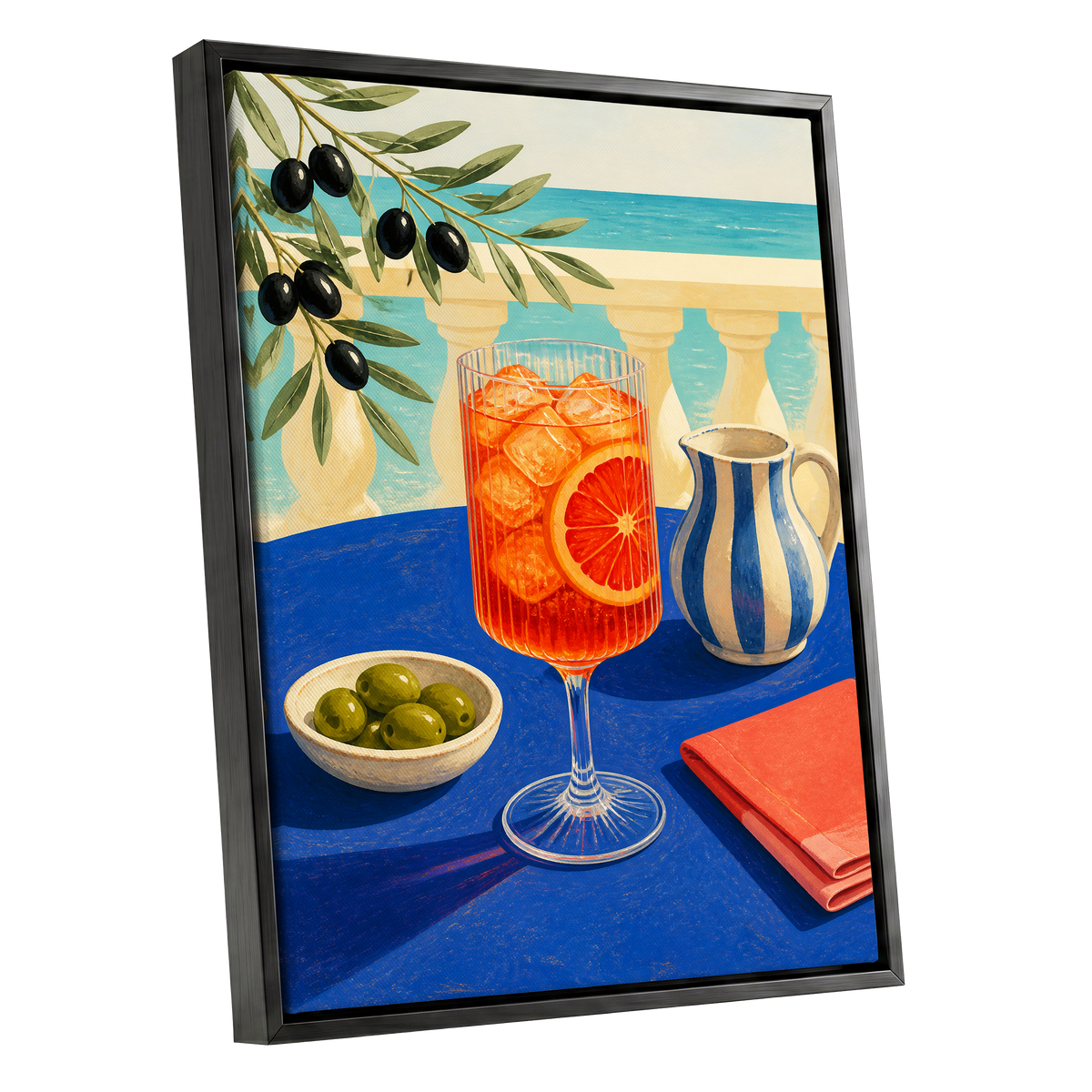Azure Aperitivo, blue, orange, green abstract wall art shown as a black framed canvas wall art