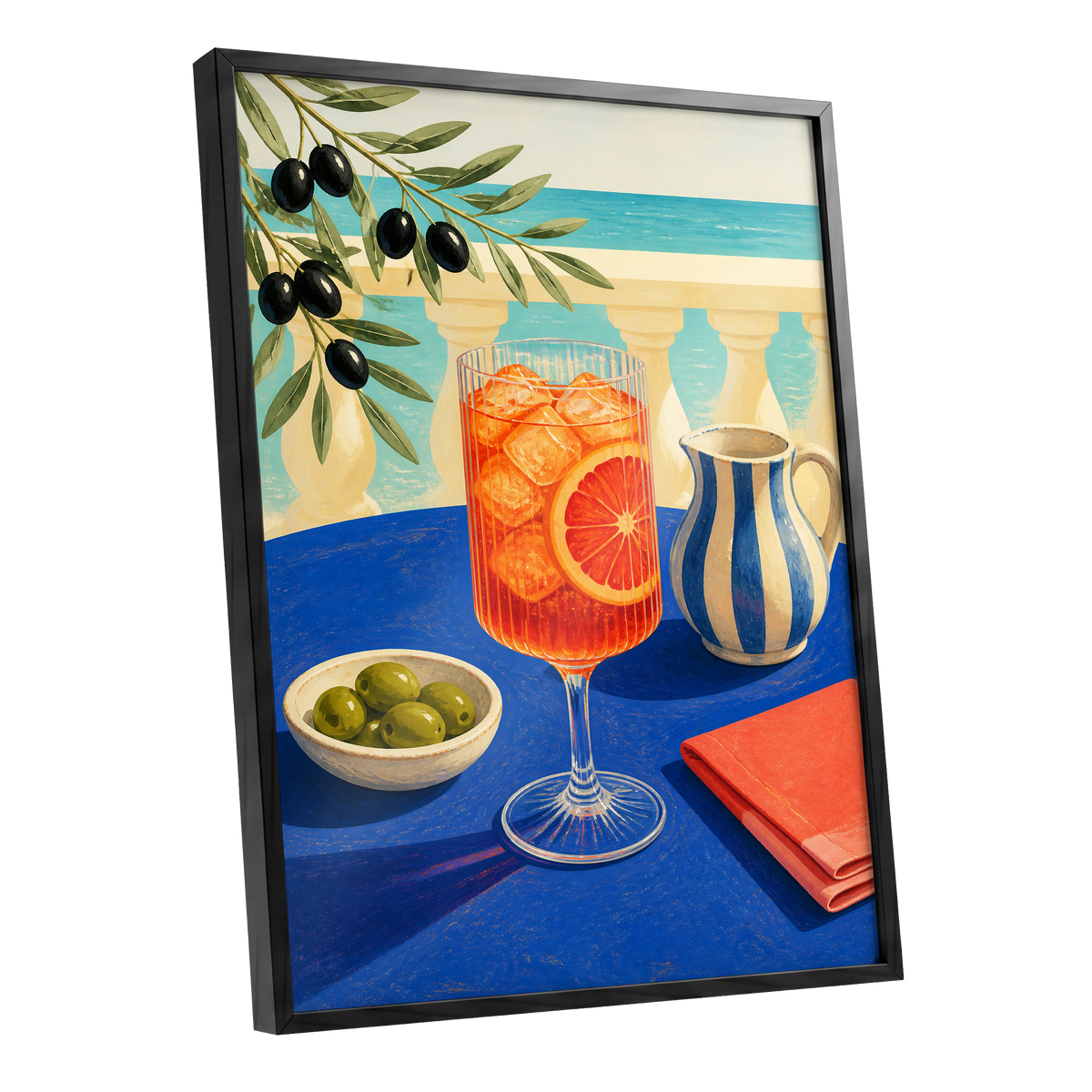 Azure Aperitivo, blue, orange, green abstract wall art shown as a black framed poster wall art print
