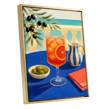 Azure Aperitivo, blue, orange, green abstract wall art shown as a gold framed canvas wall art