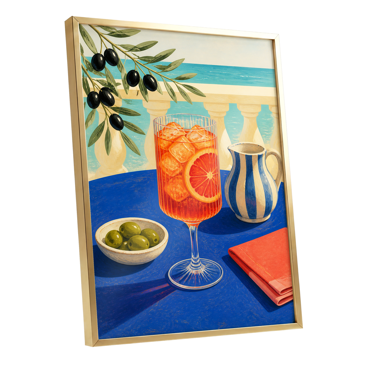 Azure Aperitivo, blue, orange, green abstract wall art shown as a gold framed poster wall art print