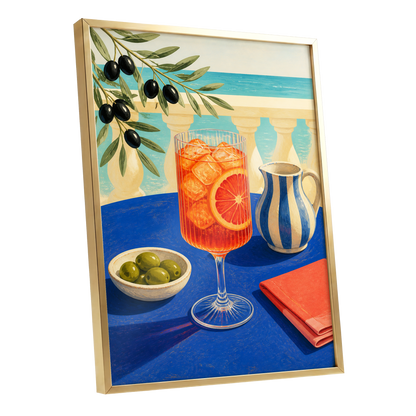 Azure Aperitivo, blue, orange, green abstract wall art shown as a gold framed poster wall art print