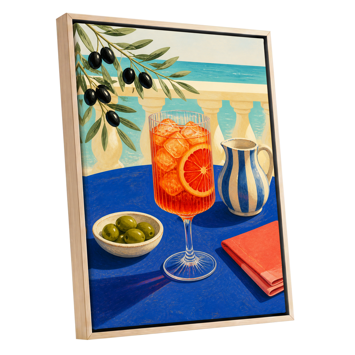 Azure Aperitivo, blue, orange, green abstract wall art shown as a oak framed canvas wall art