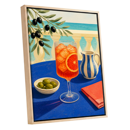 Azure Aperitivo, blue, orange, green abstract wall art shown as a oak framed canvas wall art