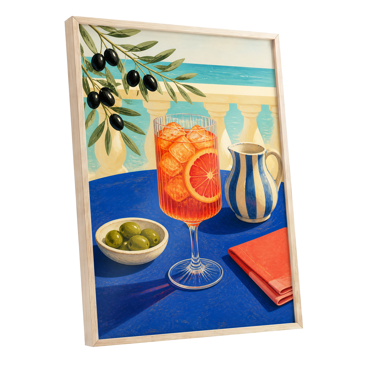 Azure Aperitivo, blue, orange, green abstract wall art shown as a oak framed poster wall art print