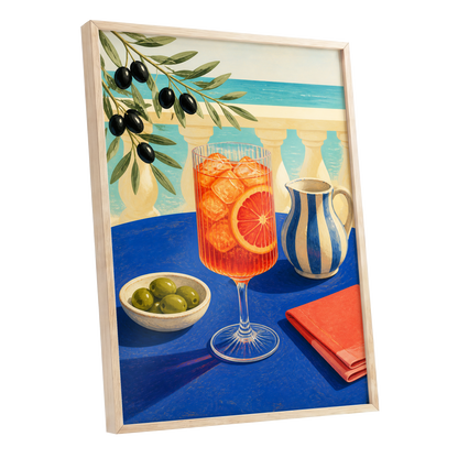 Azure Aperitivo, blue, orange, green abstract wall art shown as a oak framed poster wall art print