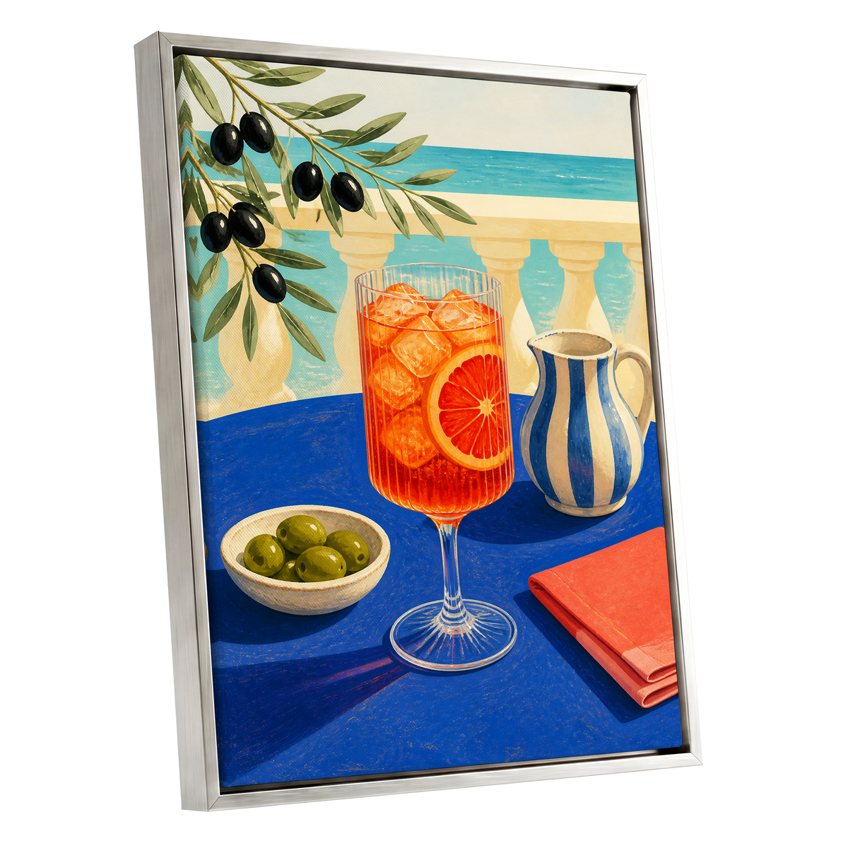 Azure Aperitivo, blue, orange, green abstract wall art shown as a silver framed canvas wall art