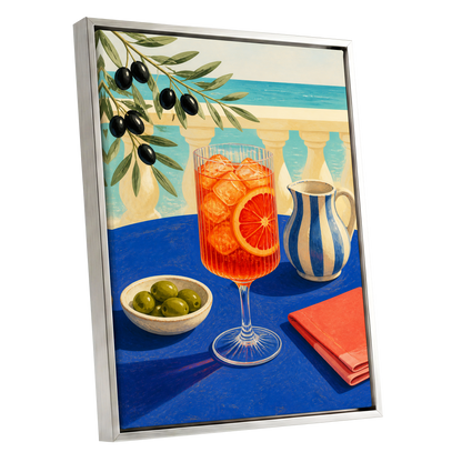 Azure Aperitivo, blue, orange, green abstract wall art shown as a silver framed canvas wall art