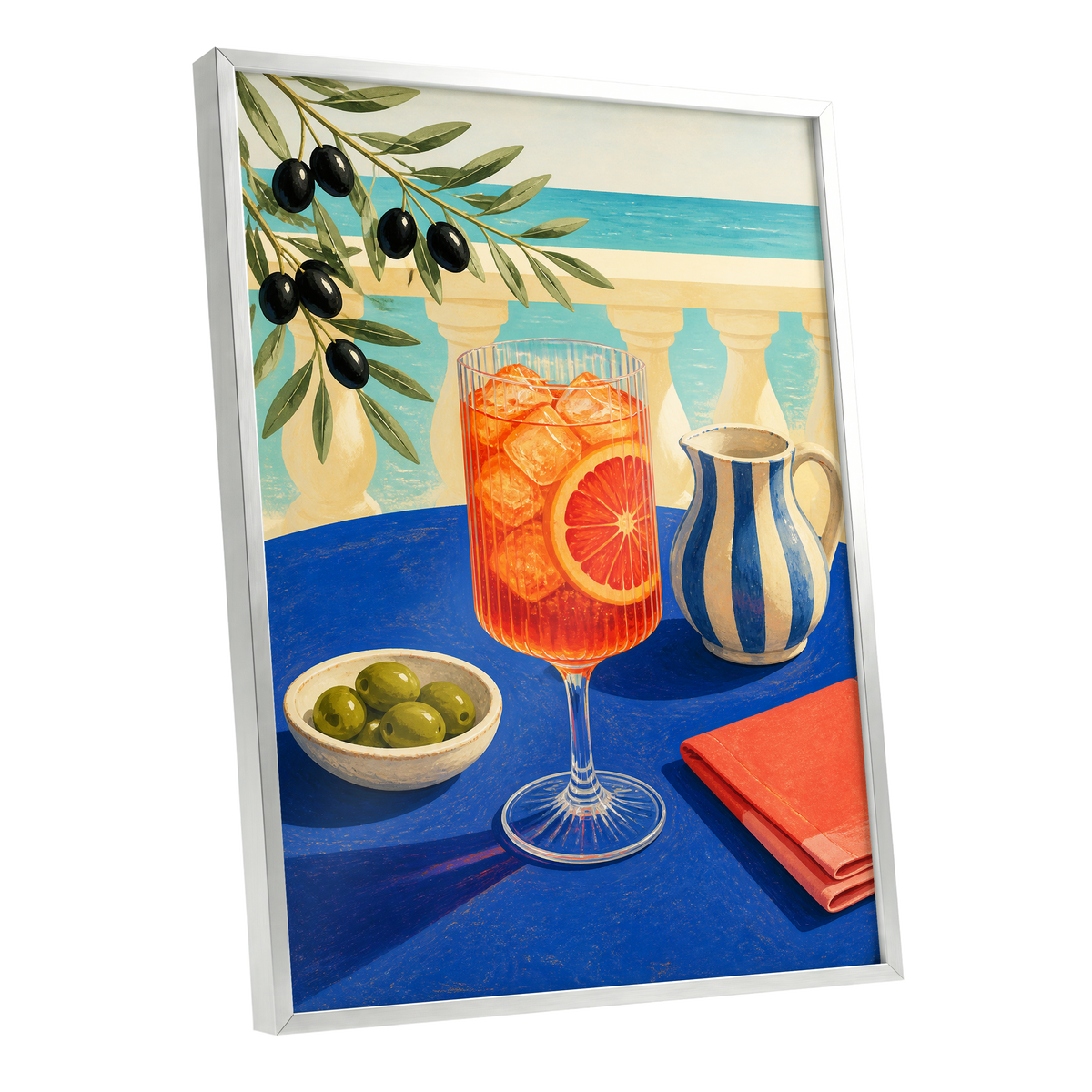Azure Aperitivo, blue, orange, green abstract wall art shown as a silver framed poster wall art print