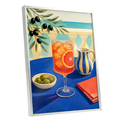 Azure Aperitivo, blue, orange, green abstract wall art shown as a silver framed poster wall art print