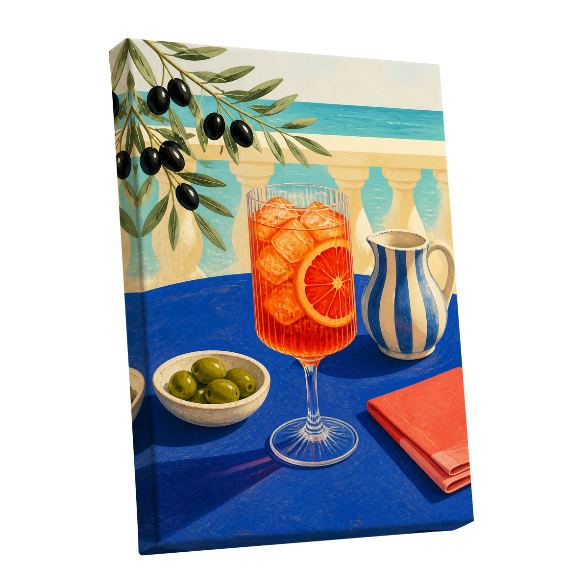 Azure Aperitivo, blue, orange, green abstract wall art shown as a stretched canvas wall art