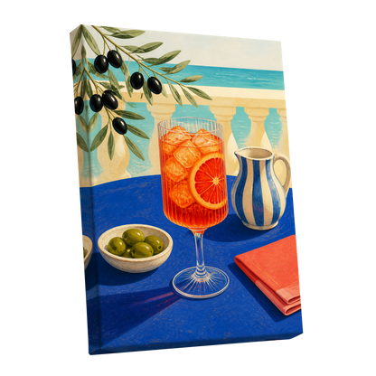 Azure Aperitivo, blue, orange, green abstract wall art shown as a stretched canvas wall art