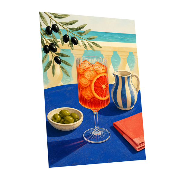 Azure Aperitivo, blue, orange, green abstract wall art shown as a unframed poster wall art print