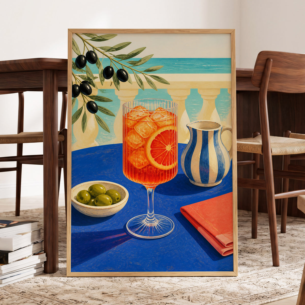 Azure Aperitivo, blue, orange, green abstract wall art displayed in a styled interior, gallery view 2