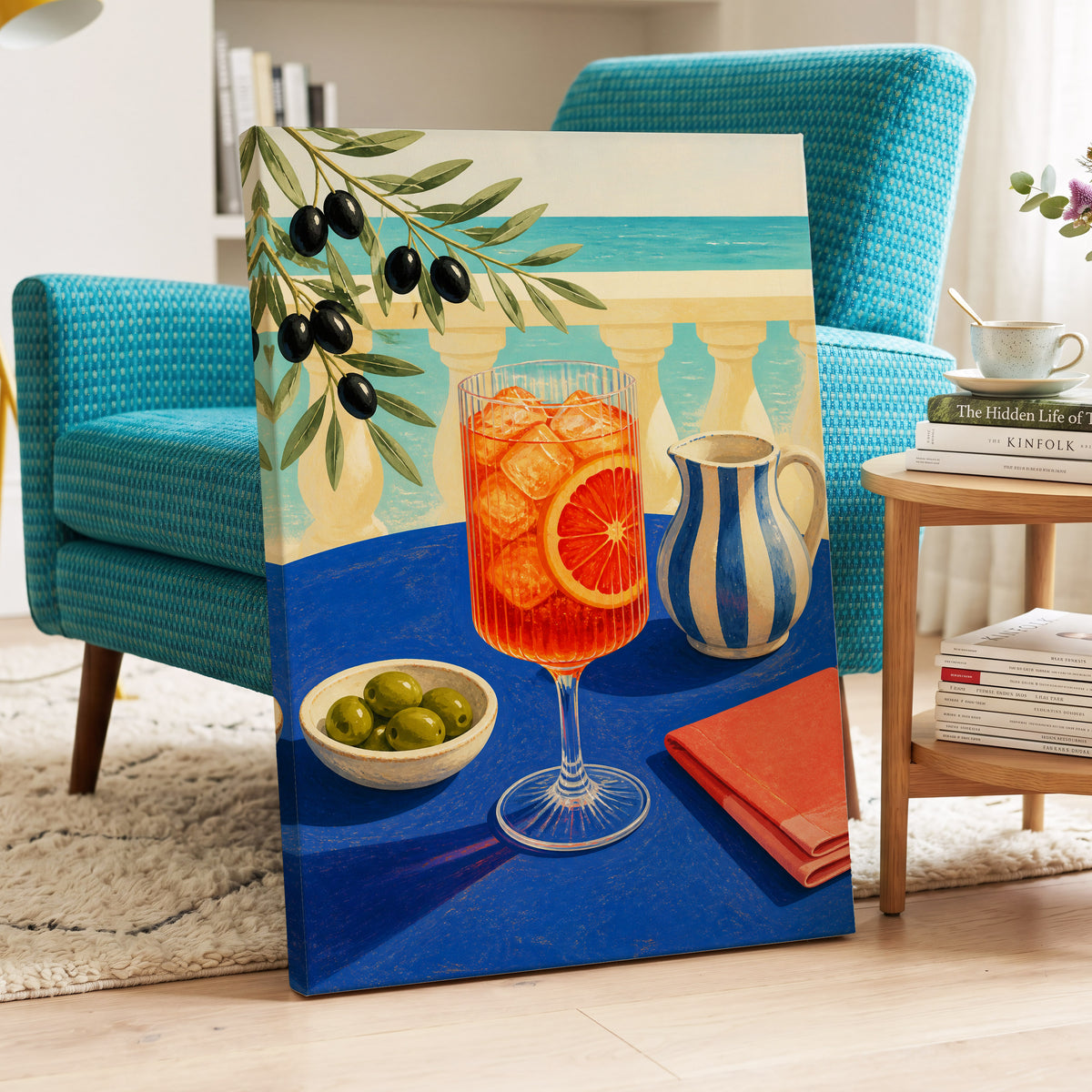 Azure Aperitivo, blue, orange, green abstract wall art displayed in a styled interior, gallery view 3