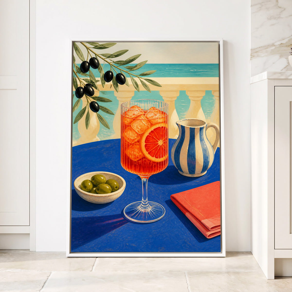 Azure Aperitivo, blue, orange, green abstract wall art displayed in a styled interior, gallery view 4