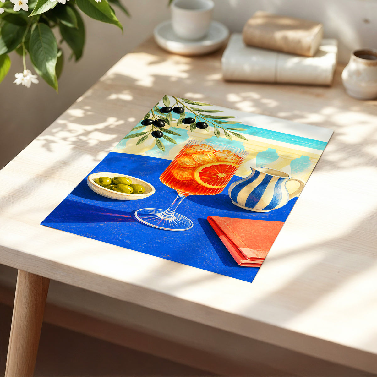 Azure Aperitivo, blue, orange, green abstract wall art displayed in a styled interior, gallery view 5
