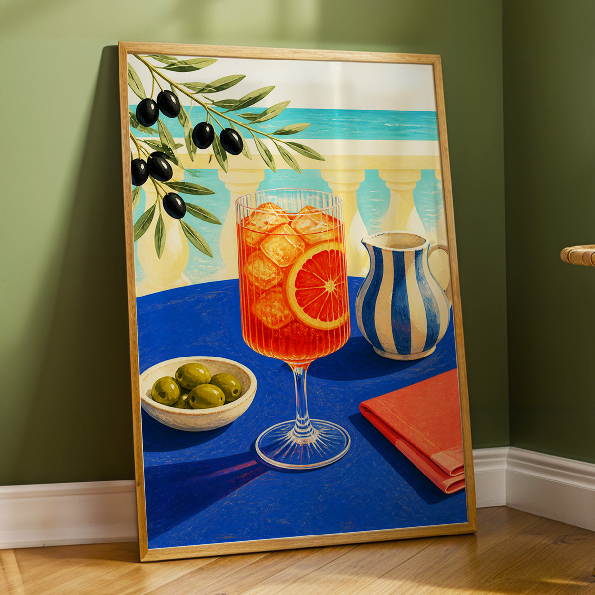 Azure Aperitivo, blue, orange, green abstract wall art displayed in a styled interior, gallery view 6
