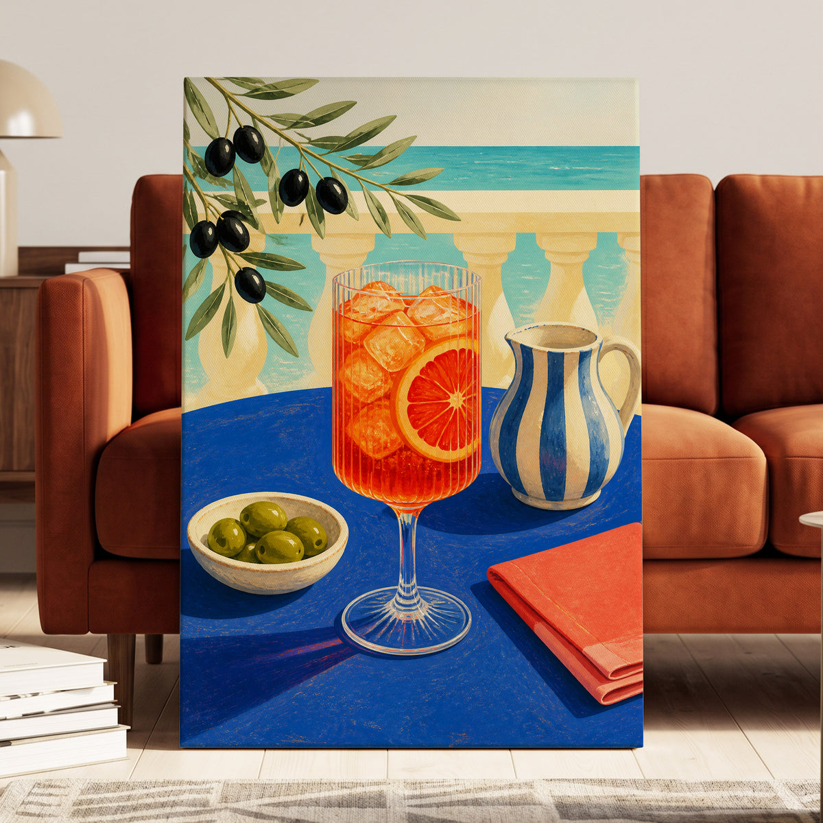 Azure Aperitivo, blue, orange, green abstract wall art displayed in a styled interior, gallery view 7