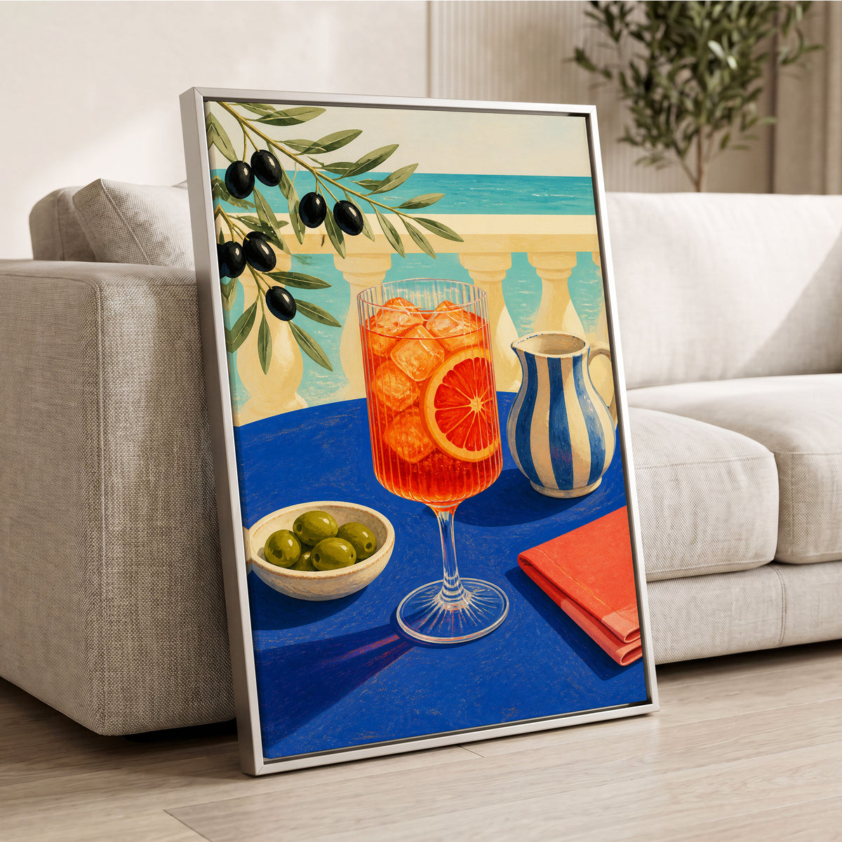 Azure Aperitivo, blue, orange, green abstract wall art displayed in a styled interior, gallery view 8