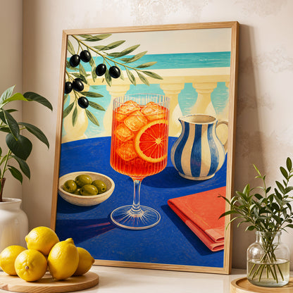 Azure Aperitivo, blue, orange, green abstract wall art displayed in a styled interior, gallery view 9