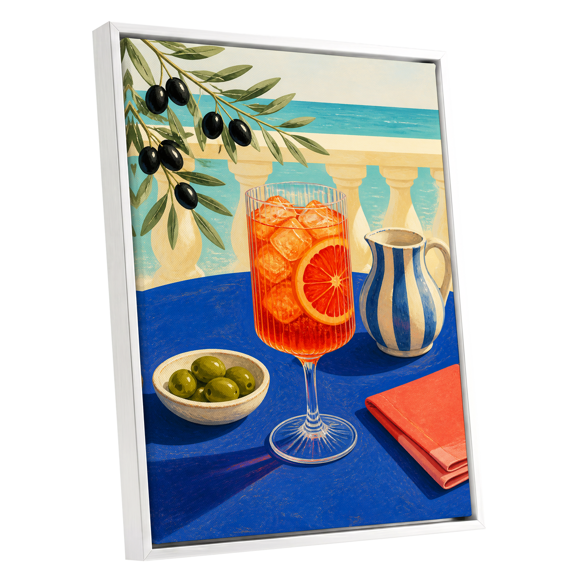 Azure Aperitivo, blue, orange, green abstract wall art shown as a white framed canvas wall art