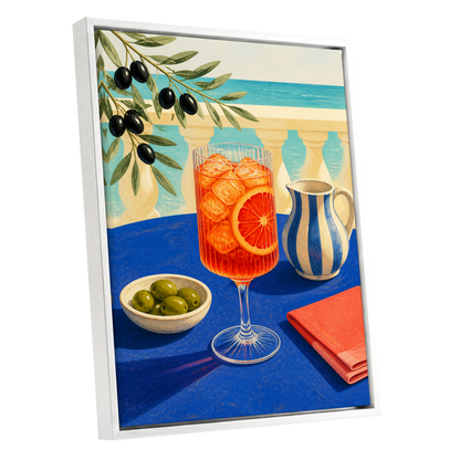 Azure Aperitivo, blue, orange, green abstract wall art shown as a white framed canvas wall art