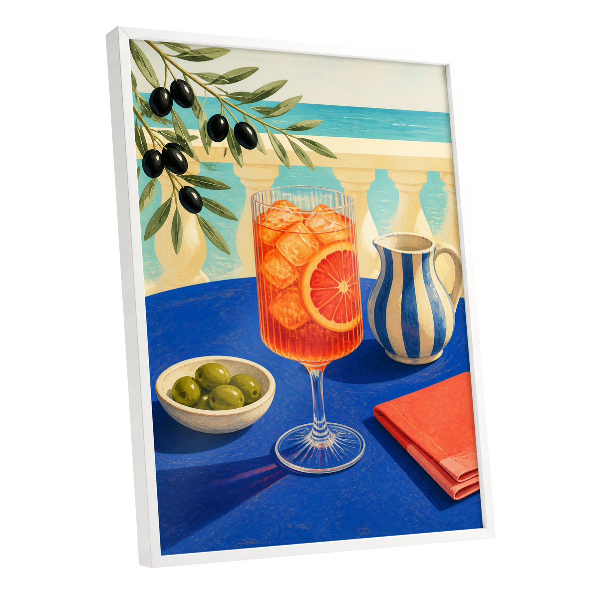 Azure Aperitivo, blue, orange, green abstract wall art shown as a white framed poster wall art print