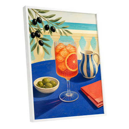 Azure Aperitivo, blue, orange, green abstract wall art shown as a white framed poster wall art print