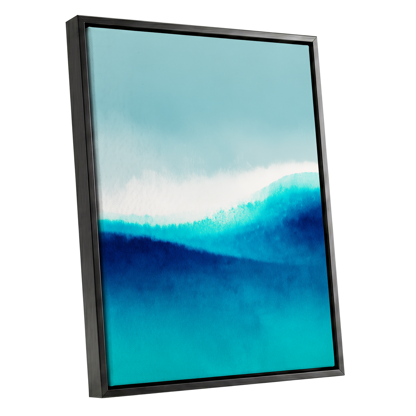 Azure Ascending, blue, white, gray abstract wall art shown as a black framed canvas wall art