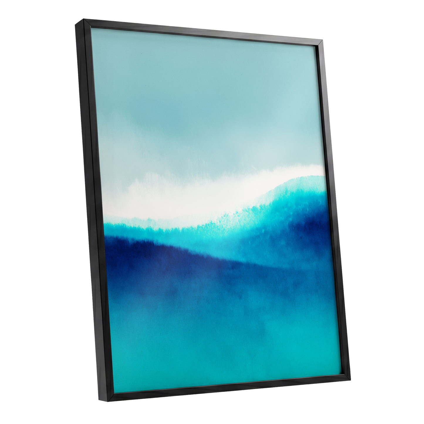 Azure Ascending, blue, white, gray abstract wall art shown as a black framed poster wall art print