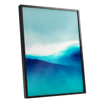 Azure Ascending, blue, white, gray abstract wall art shown as a black framed poster wall art print