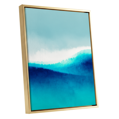 Azure Ascending, blue, white, gray abstract wall art shown as a gold framed canvas wall art
